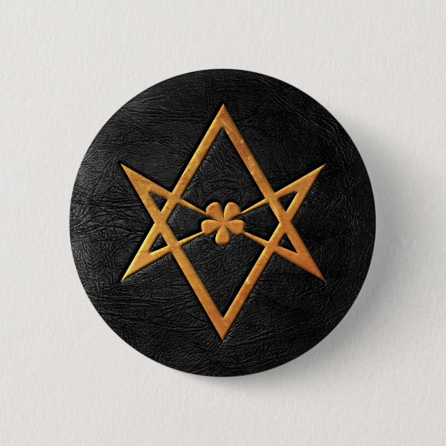Golden Thelemic Unicursal Hexagram Black Leather 6 Cm Round Badge (Front)