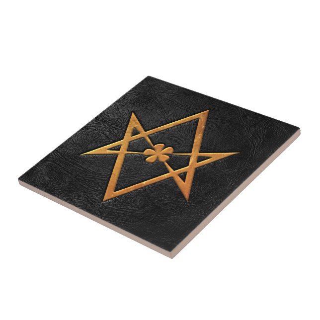 Golden Thelemic Unicursal Hexagram Black Leather Tile (Side)