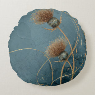 Golden Thistle Teal Blue Texture Elegance Round Cushion