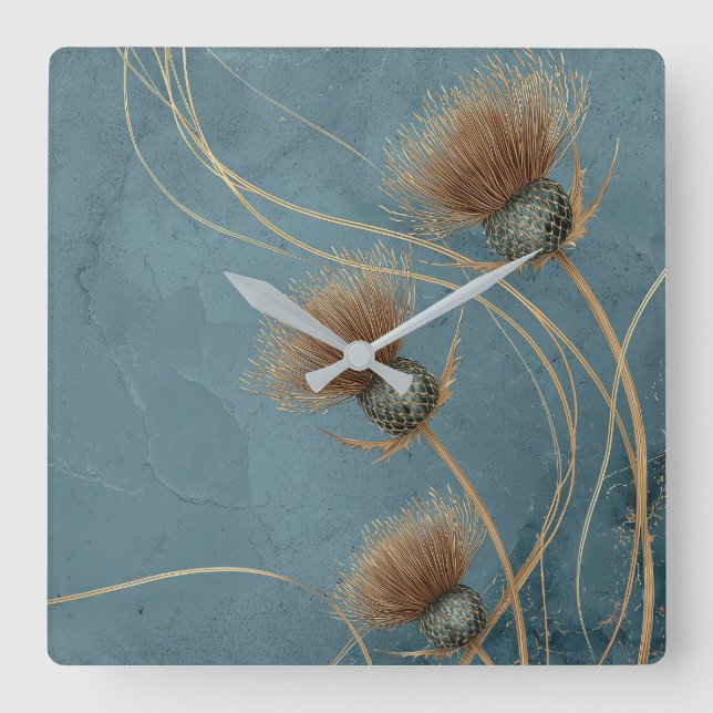 Golden Thistle Teal Blue Texture Elegance Square Wall Clock (Front)
