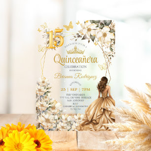 Golden Tiara Floral Beige Quinceañera  Acrylic Invitations