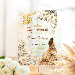 Golden Tiara Floral Beige Quinceañera Acrylic Invitations