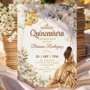 Golden Tiara Floral Beige Quinceañera  Invitation