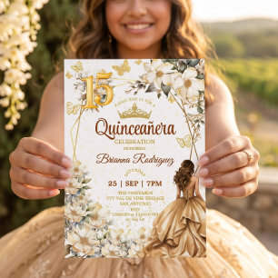 Golden Tiara Floral Beige Quinceañera Invitation