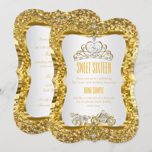 Golden Tiara Princess Sweet 16 Gold White Invite (Front/Back)