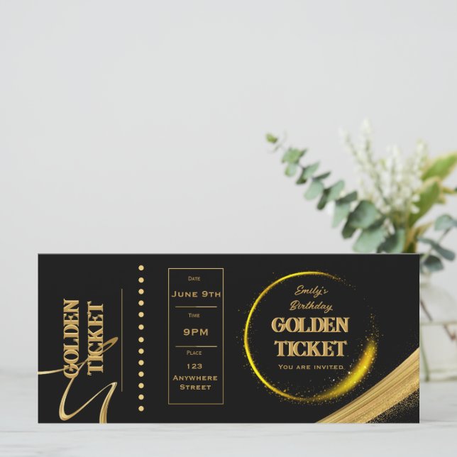 Golden Ticket Black and Gold Invitation Flat Card (Standing Front)