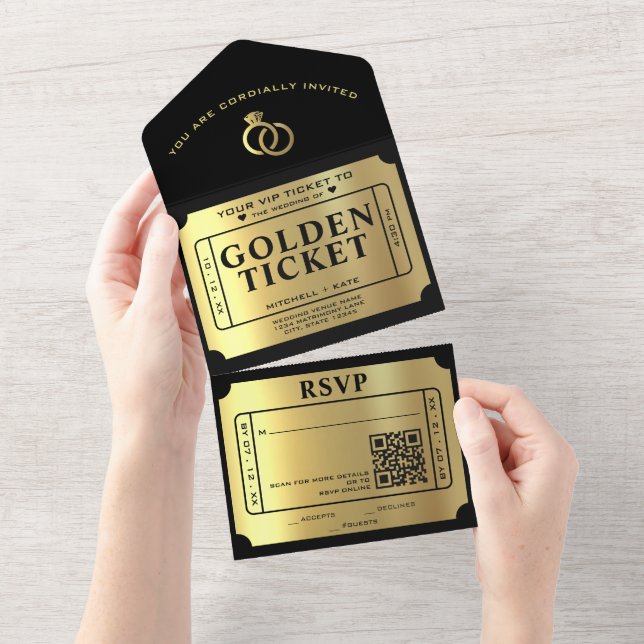 Golden Ticket Black & Gold QR Code Wedding All In One Invitation (Tearaway)