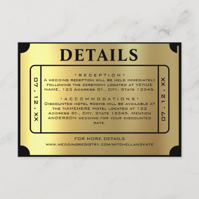 Golden Ticket Black & Gold Wedding Details Enclosure Card (Front)