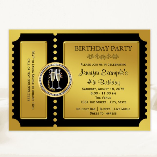 Golden Ticket Champagne Birthday Party Invitation (All text can be changed. Any occasion elegant black and gold ticket style invitation.)