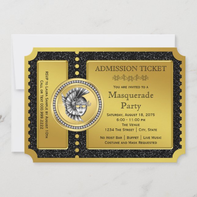Golden Ticket Gold Masquerade Party Invitation (Front)