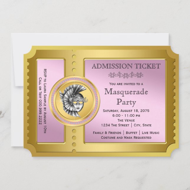 Golden Ticket Pink and Gold Masquerade Party Invitation (Front)