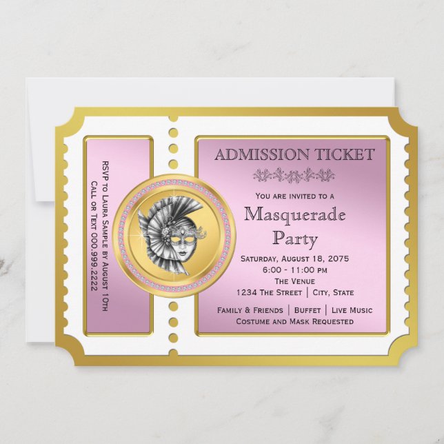Golden Ticket Pink and Gold Masquerade Party Invitation (Front)