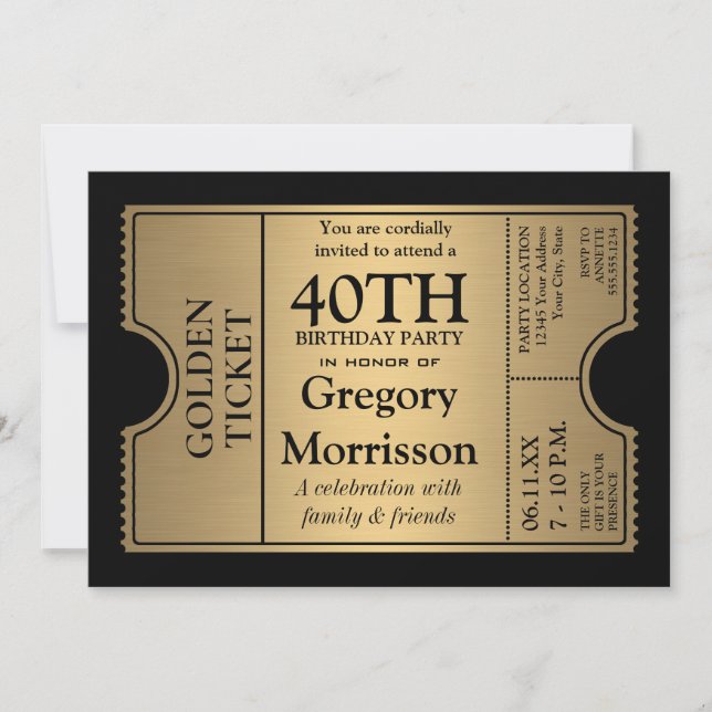 Golden Ticket Style 40th Birthday Party Invite (Front)