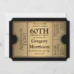 Golden Ticket Style 60th Birthday Party Invite<br><div class="desc">COLOR PALETTE: black and gold DESIGN COLLECTION: 60th birthday celebration for your favourite grandfather, grandmother, mother, father, aunt or uncle on reaching this milestone age. This modern, hollywood premier style, elegant movie ticket stub party invitation is perfect for your celebration of any kind. The typography style layout is especially easy...</div>