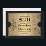Golden Ticket Style 90th Birthday Party Invite<br><div class="desc">COLOR PALETTE: black and gold DESIGN COLLECTION: 90th birthday, century celebration for your favourite grandfather, grandmother, mother, father, aunt or uncle on reaching this milestone age. This modern, hollywood premier style, elegant movie ticket stub party invitation is perfect for your celebration of any kind. The typography style layout is especially...</div>