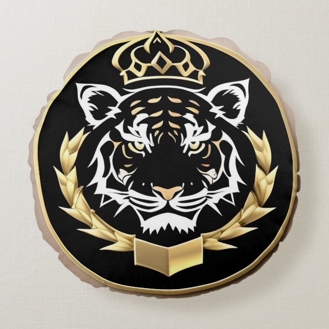 Golden Tiger Crest Emblem Round Cushion (Front)