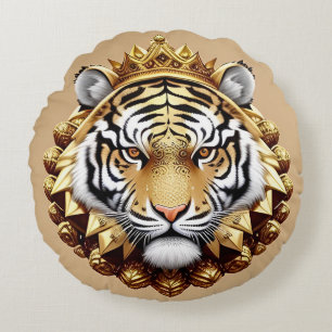 Golden Tiger Crest Emblem Round Cushion
