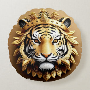 Golden Tiger Crest Emblem Round Cushion