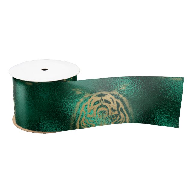 Golden Tiger Face Emerald Green Wild Animal Feline Satin Ribbon (Spool)