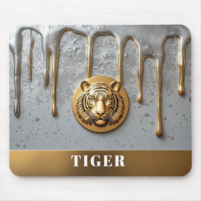 Golden Tiger Face With Dripping Metal 🐯 Mouse Mat (Front)