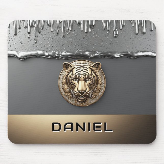 Golden Tiger Head With Metal Drip Effect 🐯 Mouse Mat (Front)