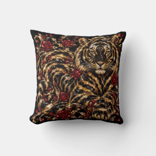 Golden Tiger & Red Roses Floral Art Cushion
