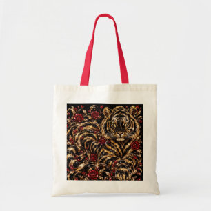 Golden Tiger & Red Roses Floral Art Tote Bag