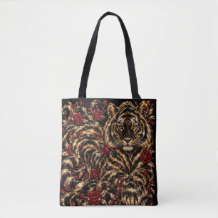 Golden Tiger & Red Roses Floral Art Tote Bag