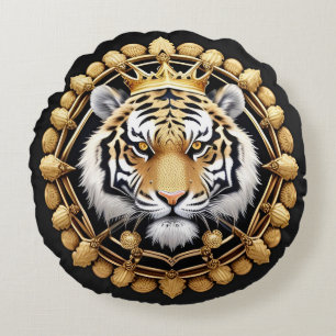 Golden Tiger with Crown Framed by Intricate Gold Round Cushion