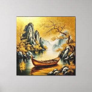 Golden Tranquil Lake with Scenic Nature Canvas Print