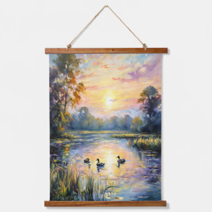 Golden Tranquillity Sunset Pond Landscape with Duc Hanging Tapestry
