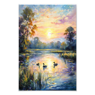 Golden Tranquillity Sunset Pond Landscape with Duc Photo Print