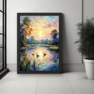 Golden Tranquillity Sunset Pond Landscape with Duc Poster