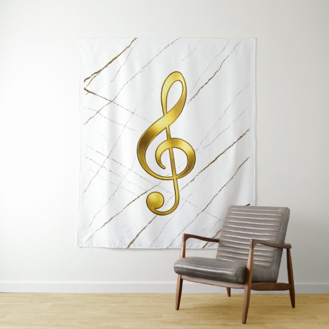 Golden Treble Clef Marble Wall Art Tapestry (In Situ)