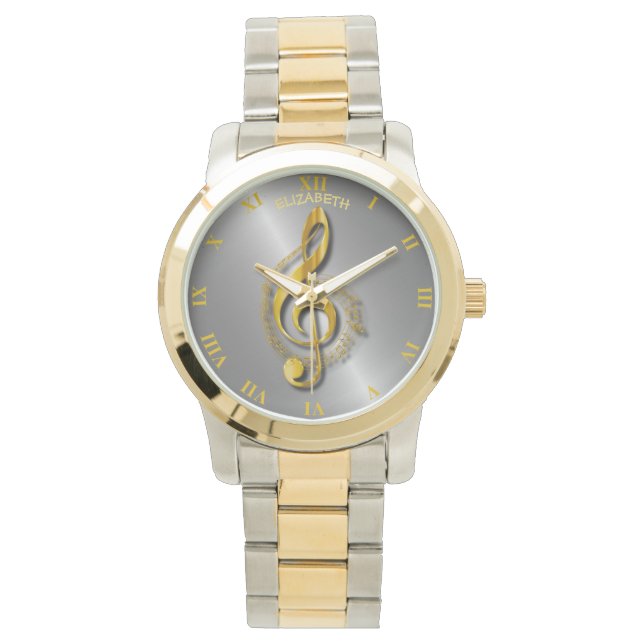 Golden Treble Clef With Notes And Shadows Watch (Front)