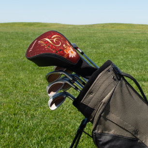 Golden treble clef with red leaves.  golf head cover
