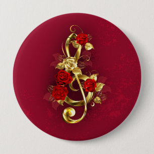 Golden Treble Clef with Rose Flowers 10 Cm Round Badge