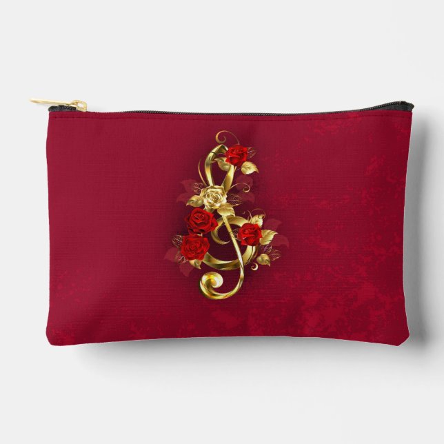 Golden Treble Clef with Rose Flowers Accessory Pouch (Front)