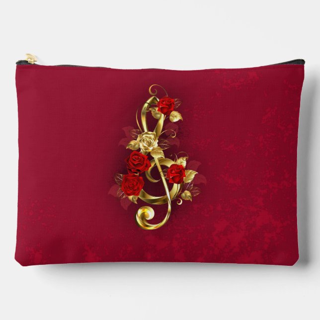 Golden Treble Clef with Rose Flowers Accessory Pouch (Front)