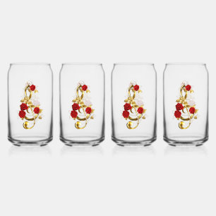 Golden Treble Clef with Rose Flowers Can Glass
