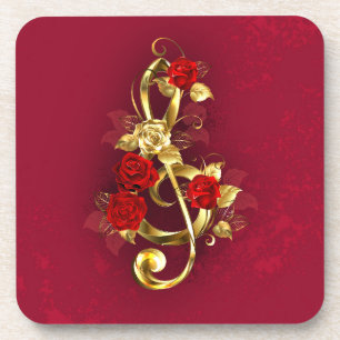 Golden Treble Clef with Rose Flowers Coaster