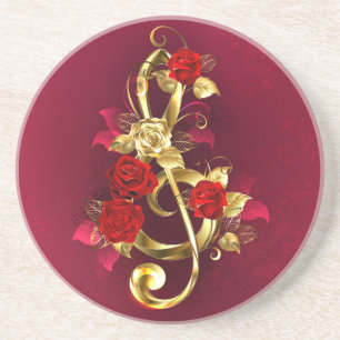 Golden Treble Clef with Rose Flowers Coaster
