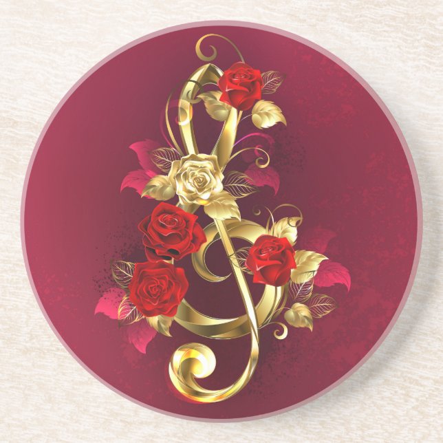 Golden Treble Clef with Rose Flowers Coaster (Front)