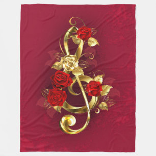 Golden Treble Clef with Rose Flowers Fleece Blanket