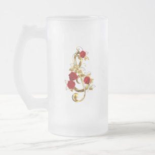 Golden Treble Clef with Rose Flowers Frosted Glass Beer Mug