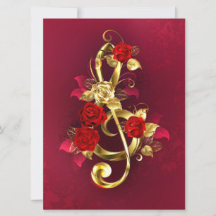 Golden Treble Clef with Rose Flowers Holiday Card