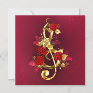 Golden Treble Clef with Rose Flowers Holiday Card