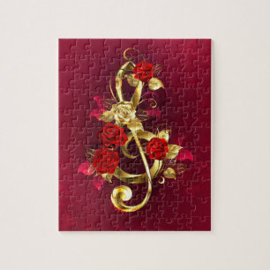 Golden Treble Clef with Rose Flowers Jigsaw Puzzle