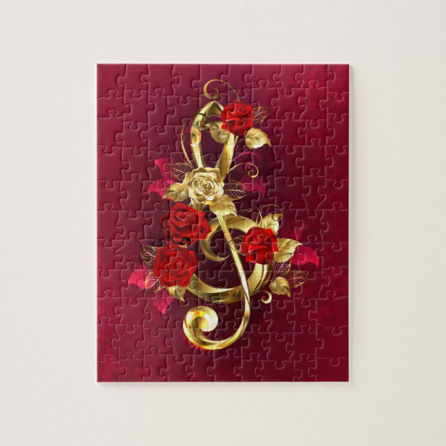 Golden Treble Clef with Rose Flowers Jigsaw Puzzle (Vertical)