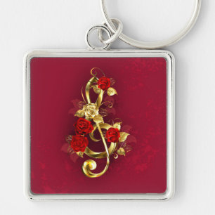 Golden Treble Clef with Rose Flowers Key Ring